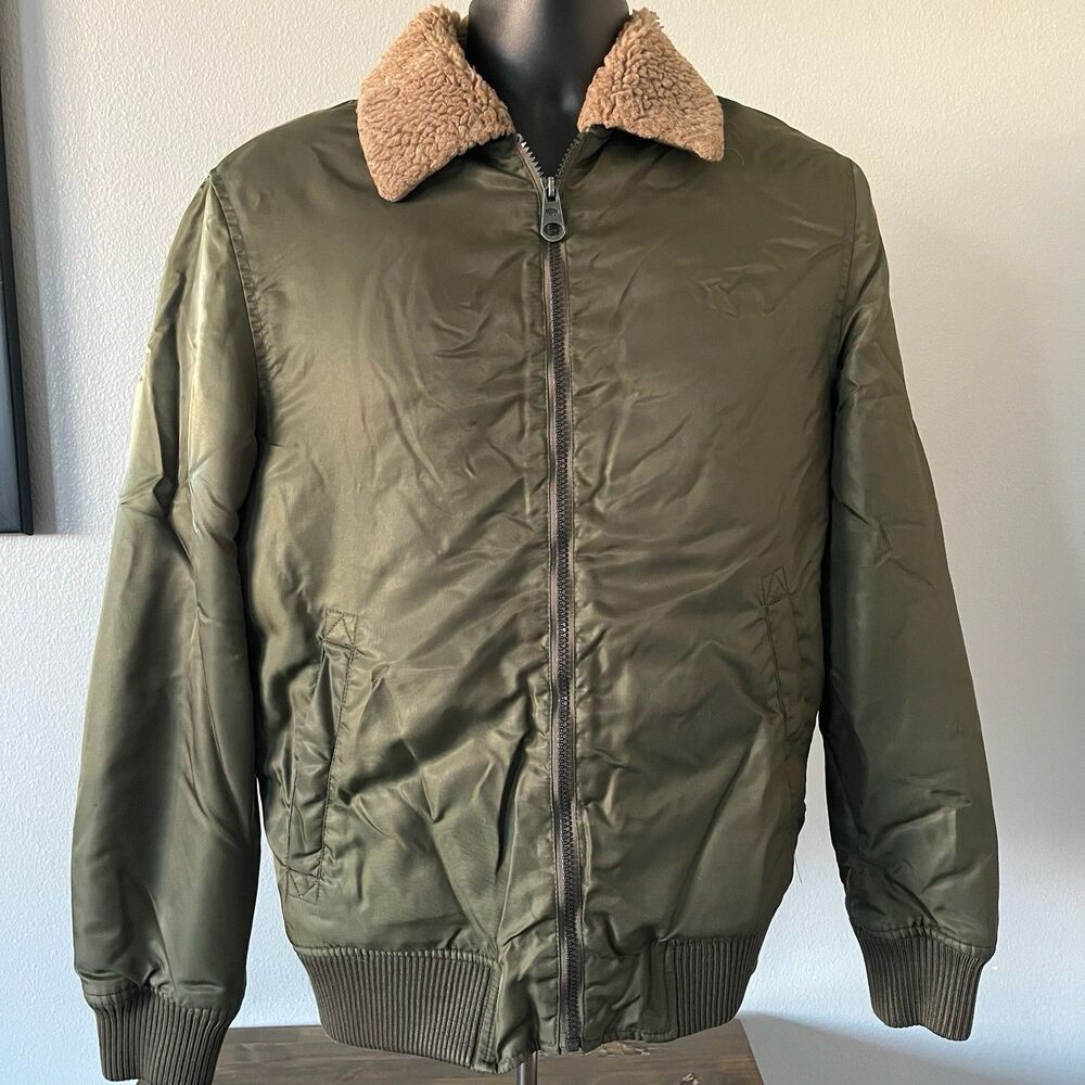 Buffalo David Bitton Bomber Jacket Small Green Faux Fur Collar Puffer Nylon